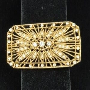 Vtg MCM Gold Filigree Sunburst Brooch Clear Rhinestones Rectangular‎ Pin Glam